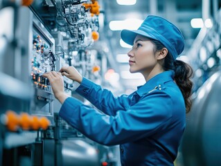 Leinwandbilder - Woman operating industrial machine in factory setting focused on manufacturing process and equipment