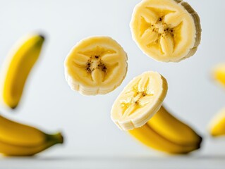 Aufkleber - Bunch of bananas suspended in mid-air against a clear blue background with natural lighting