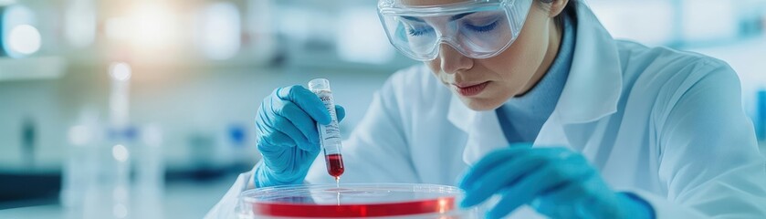 Leinwandbilder - Woman in lab coat and goggles holding a pipe in a scientific laboratory setting