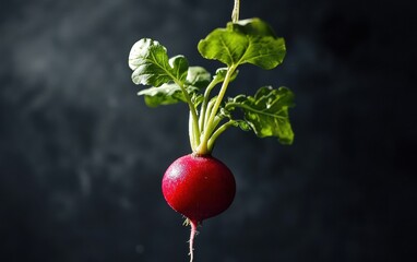 Wall Mural - Suspended radish with bright red skin and fresh green leaves