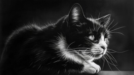 Wall Mural - A serene black and white portrait of a cat gazing thoughtfully, highlighting its expressive features and fur details