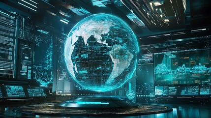 Wall Mural - Global Network Control Center: Futuristic Tech Visualization