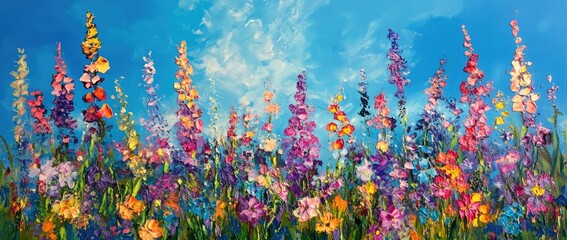 Wall Mural - Vibrant wildflowers bloom under sunny sky; nature print