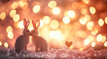 Wall Mural - Two adorable rabbits nuzzle each other in a dreamy, softly lit background filled with glowing bokeh lights