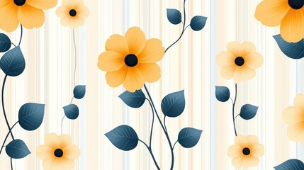 Poster - Sunflowers with delicate leaves and a subtle striped backdrop