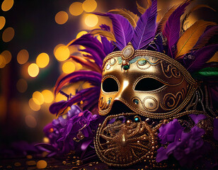 Vibrant Gold and Purple Mardi Gras Mask Adorned With Feathers and Beads in a Festive Carnival Setting. Generative AI