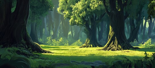 Wall Mural - Sunlit Forest Clearing, Lush Green Canopy, Game Background