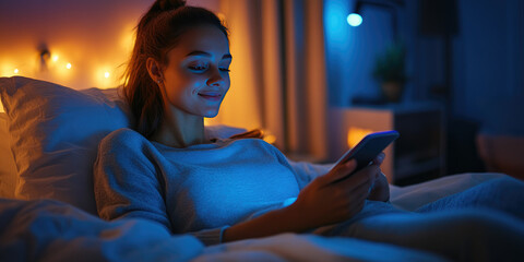 Wall Mural - A young woman communicates online on a smartphone in the evening, reads Internet chats, communicates with a friend.