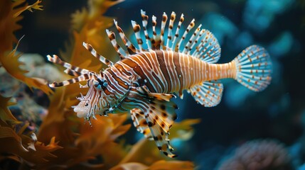 Wall Mural - Vibrant lionfish swimming gracefully among colorful underwater plants in a serene ocean environment