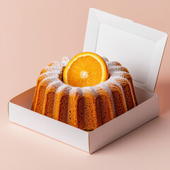Aufkleber - Delicious round orange cake in white box, topped with fresh orange slice. Perfect for celebrations or dessert lovers