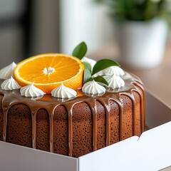 Poster - Delicious round orange cake topped with smooth chocolate drizzle, fresh orange slice, and whipped cream, perfect for celebrations and gatherings