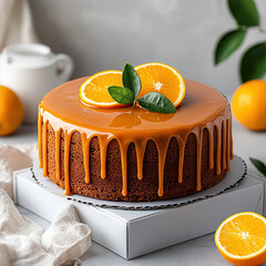 Aufkleber - Delicious round orange cake with smooth caramel glaze, topped with fresh orange slices and leaves, perfect for celebrations and gatherings