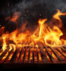 Fiery grill flames, smoky background, outdoor cooking