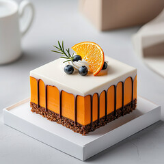 Aufkleber - minimalist aesthetic of round orange cake with glossy finish, topped with fresh blueberries and slice of orange, evokes sense of elegance and delight