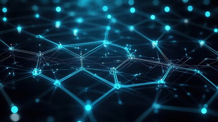 Poster - Dark blue background with a network of interconnected lines representing technology and communication