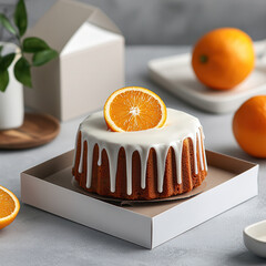 Aufkleber - Mouthwatering round orange cake topped with fresh orange slice, drizzled with smooth white icing, beautifully presented in minimalist setting