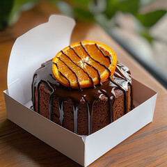 Aufkleber - Delicious round cake topped with glossy dark chocolate glaze and slice of orange, presented in white box. Perfect for celebrations and sweet moments