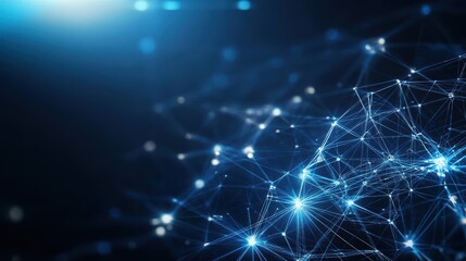 Poster - Dark blue background with a network of connected lines representing technology and communication concepts
