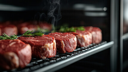 Poster - Fresh marbled beef pieces stored on racks, emitting steam, garnished with herbs. rich color and texture highlight quality of meat, creating appetizing display