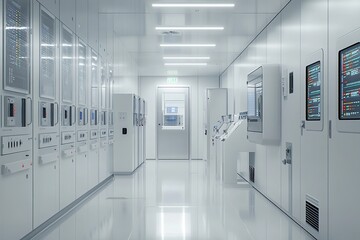 Poster - Exploring Futuristic Cleanroom: Advanced Technology Panels, Digital Displays, and Modern Control Systems in a Sterile Environment.