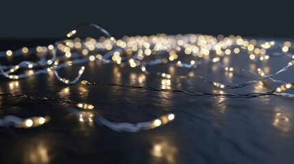 Sticker - A close-up view of twinkling fairy lights scattered across a reflective surface, creating a warm, festive ambiance