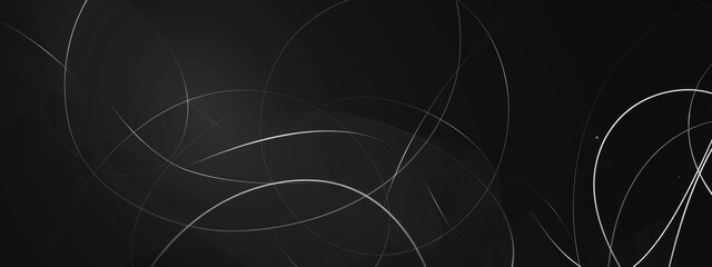 Wall Mural - Abstract minimalist wallpaper with intersecting lines and circles on black background. Featuring white space in the center for text, ideal for design templates and modern banners.