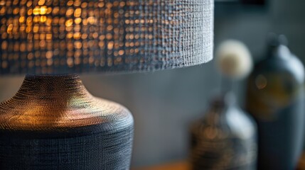 Poster - A close-up of an artistic lamp casting a warm glow in a stylish interior, with blurred decorative objects in the background