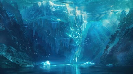 Wall Mural - Underwater scene showcasing majestic ice formations and vibrant marine life illuminated by sunlight