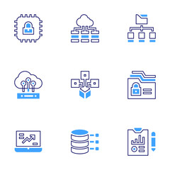 Wall Mural - Data icon set. Bold line style. Duotone colors. Editable stroke. distributed, data science, file system, funnel, data analysis, data security, data network, data transfer