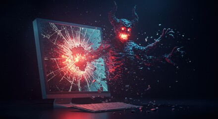 Digital monster breaking through computer screen with pixelated fist in dark atmosphere