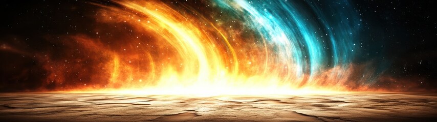 Poster - Vibrant Cosmic Colors Over Alien Landscape with Fiery Light and Starry Sky Backdrop