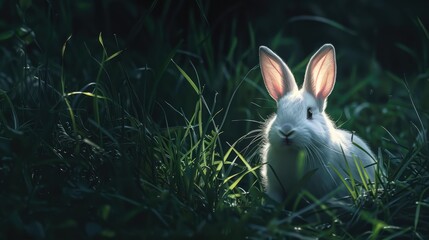 Wall Mural - A serene white rabbit resting in lush green grass under soft, dappled sunlight in a tranquil natural setting