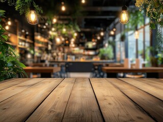 Wall Mural - Wooden table, cafe background, lights, plants, product display