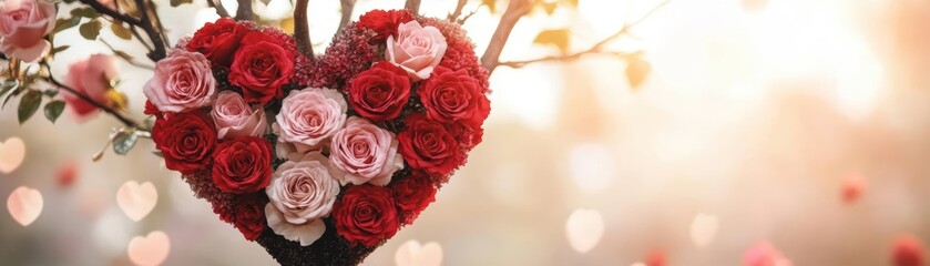 Poster - Heart shaped arrangement of roses hanging from a tree branch in a natural setting