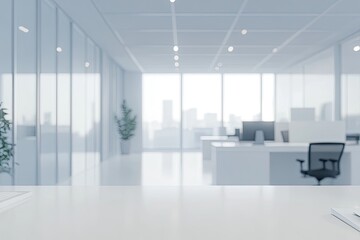 Wall Mural - Modern office desk, city view, workspace, interior, design,  product display, background