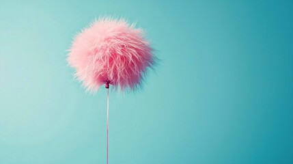 Poster - Buoyant pink fur floats gracefully, creating a whimsical contrast against a serene blue background. This enchanting visual captures a moment of light-hearted tranquility