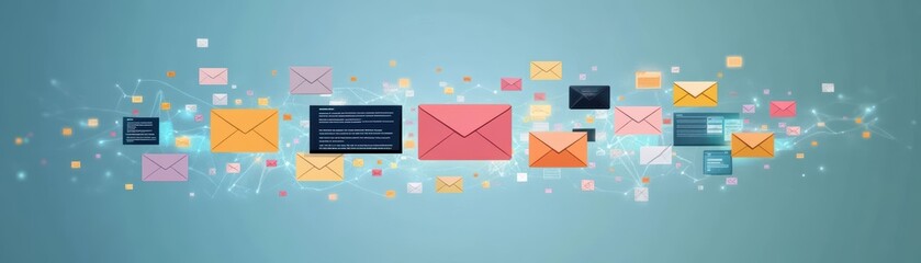 Fototapete - Blue background with multiple emails flying out symbolizing communication and digital messaging