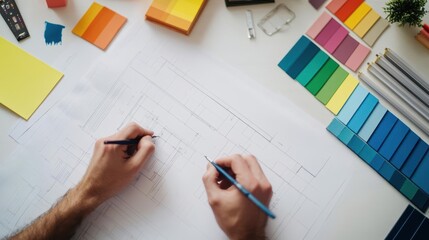 Poster - Man sketching on paper with pencil in a creative workspace environment