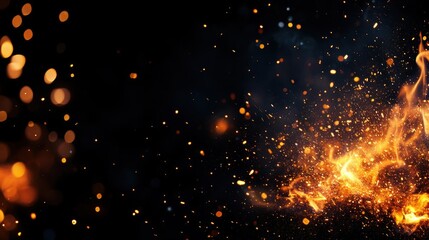 Poster - Fire with sparks illuminating the dark night sky in a natural outdoor setting