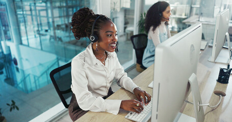 Poster - Call centre, talking and woman with headset, computer and consulting for sales on website and helping. Customer service, communication and person with microphone for telemarketing, happy and office