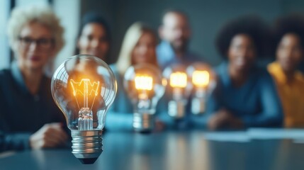 Poster - Light bulb illuminated in foreground with blurred people in background discussing ideas and creativity