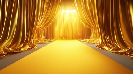 Poster - A sleek yellow carpet leading to a dazzling stage bathed in warm light, framed by flowing golden curtains. Highly detailed, realistic textures.