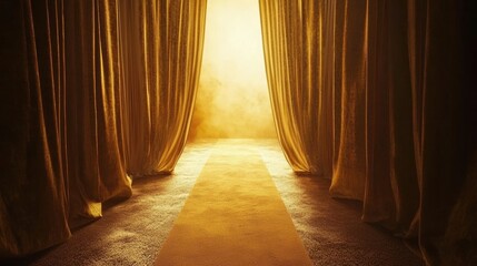 Poster - A sleek yellow carpet leading to a dazzling stage bathed in warm light, framed by flowing golden curtains. Highly detailed, realistic textures.