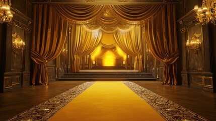 Poster - A sophisticated yellow carpet leading to a glowing stage, framed by opulent gold drapes, radiating warmth and grandeur. Ultra-realistic details.
