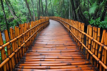  Bamboo walkway through lush green forest. Perfect for travel, nature, and serenity concepts.