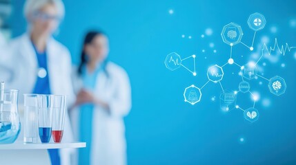 Leinwandbilder - Scientist and woman in lab coats holding test tubes and examining data on a tablet in laboratory setting