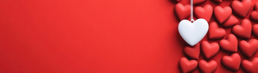 Aufkleber - Heart shape hanging on a string against a vibrant red background with soft lighting and shadows