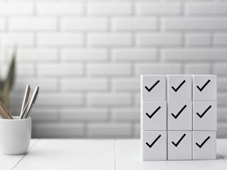 Poster - White desk featuring a white cup and a black check mark on a clean surface with minimalistic design