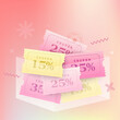 © Van - Pink flat coupons inside a transparent envelope, isolated on dark background with golden coins flying around. Flat gift voucher banner template with coupon code and confetti. Vector illustration