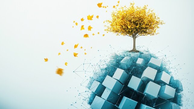 A symbolic globe featuring a thriving tree on top, golden leaves gently falling, and blue geometric cubes spread around on a bright white background.